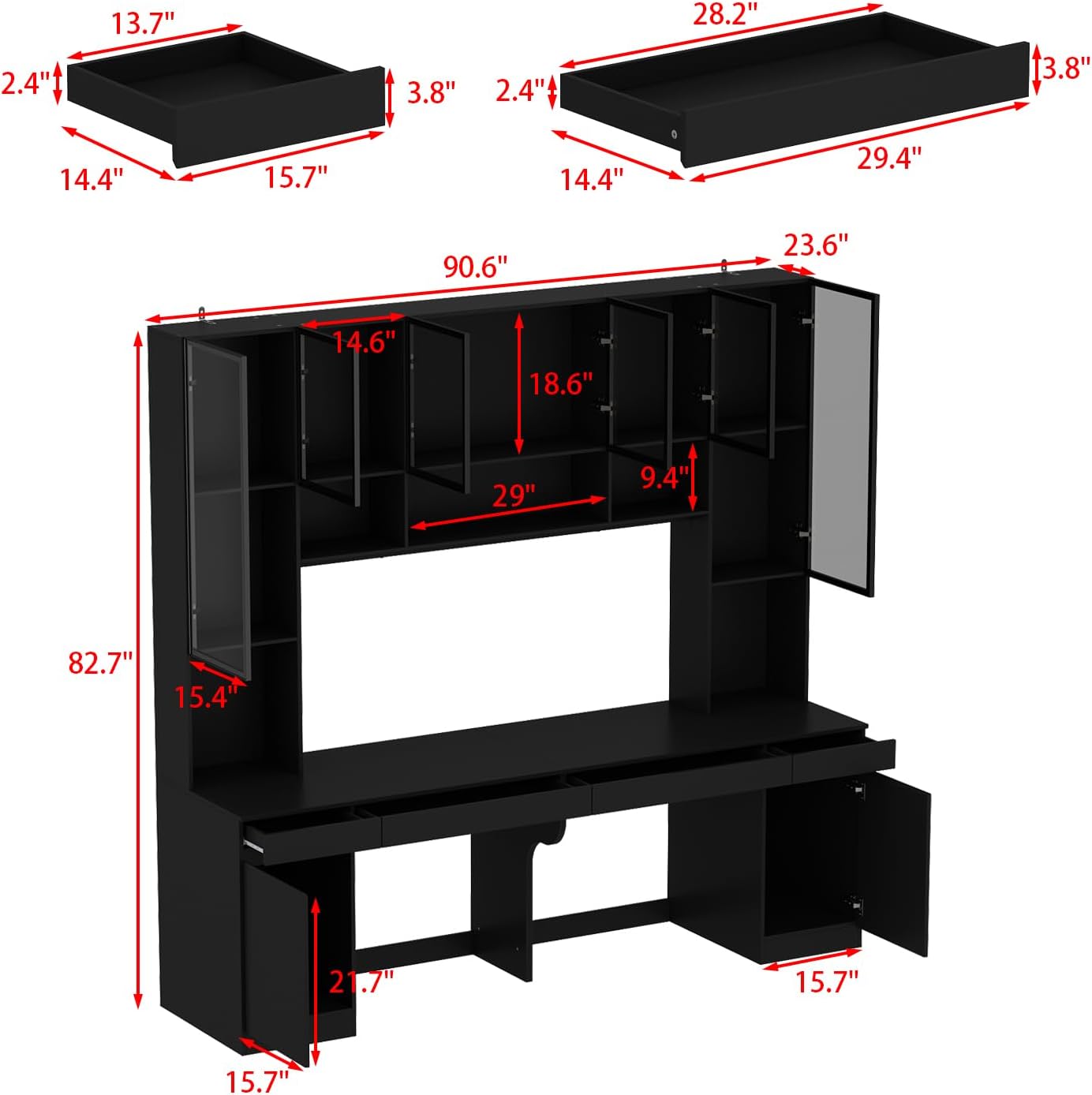 WOODTIME Large Two Person Computer Desk with Bookshelf and Lights, Study Writing Gaming Table Workstation with 4 Drawers & 14 Shelves for Home Office, White