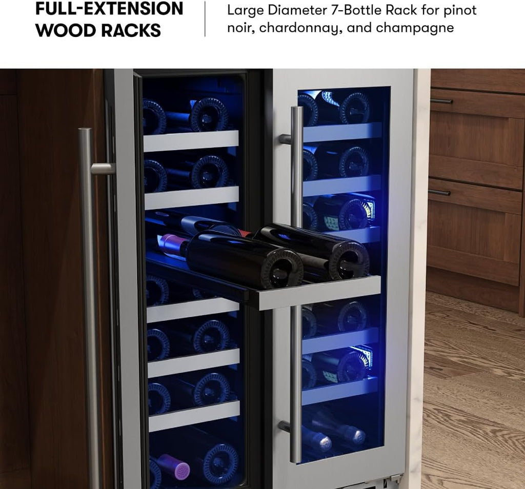 Zephyr Presrv 24' Wine Fridge Dual Zone Under Counter - Countertop Mini Wine Cooler Cellars Small Cabinet Wine Refrigerator Home Bar Chiller Freestanding with French Glass Door, 21 Bottles 750ml