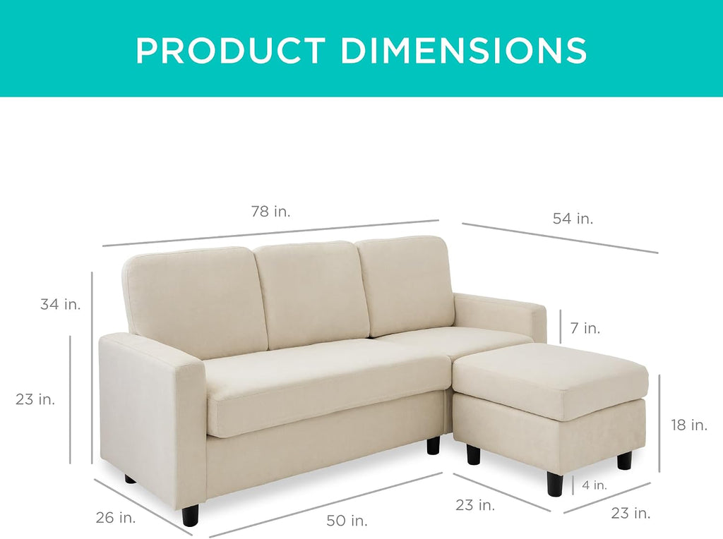 Best Choice Products Upholstered Sectional Sofa for Home, Apartment, Dorm, Bonus Room, Compact Spaces w/Chaise Lounge, 3-Seat, L-Shape Design, Reversible Ottoman Bench, 680lb Capacity - Ivory