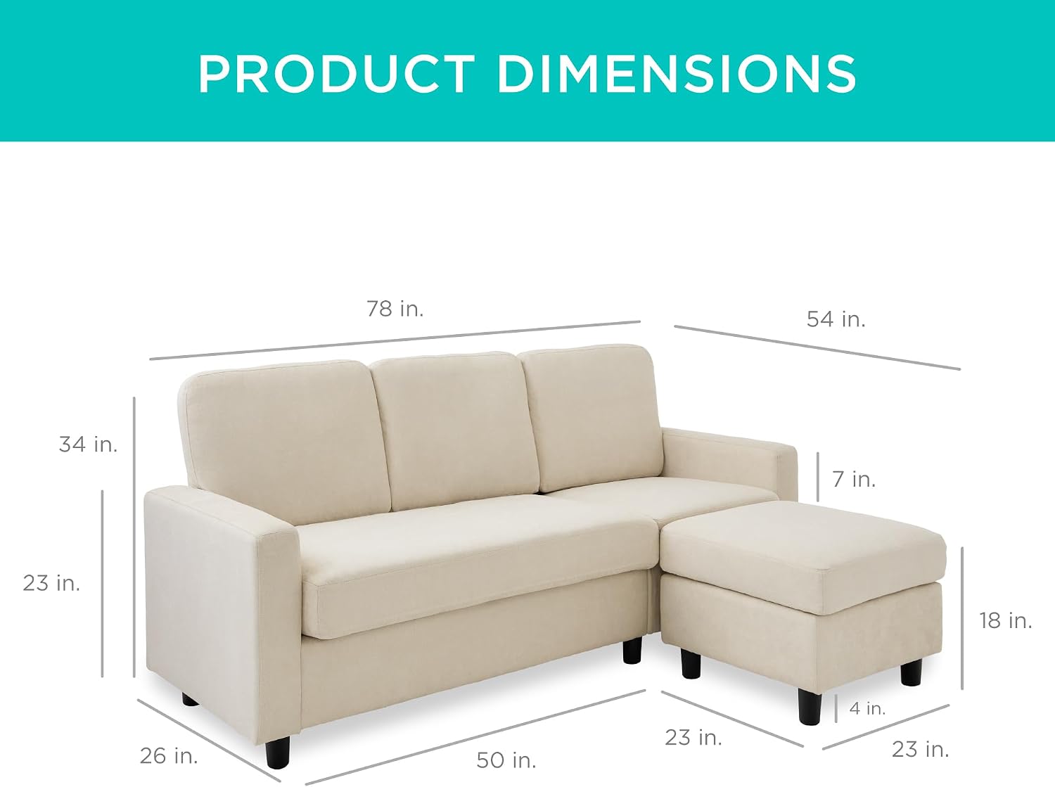 Best Choice Products Upholstered Sectional Sofa for Home, Apartment, Dorm, Bonus Room, Compact Spaces w/Chaise Lounge, 3-Seat, L-Shape Design, Reversible Ottoman Bench, 680lb Capacity - Ivory