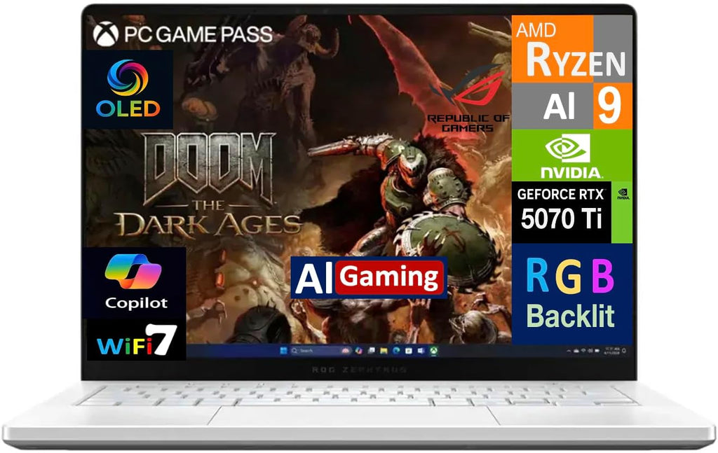 ASUS ROG Zephyrus Gaming Laptop 14' 120Hz OLED 3K 500 nits DCI-P3 100% (AMD Ryzen AI 9 HX 370, GeForce RTX 5070 Ti 12GB, 32GB LPDDR5X, 1TB SSD, Copilot, WiFi 7, RGB KB, Win11Home) w/DKZ USB Hub