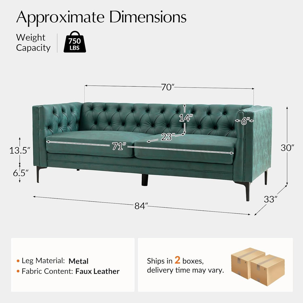 HULALA HOME 84' W Faux Leather Sofa Couch with Metal Legs, Button-Tufted 3-Seater Sofa, Mid Century Modern Contemporary Upholstered Couch for Living Room, Entertainment Area, Apartment,Green