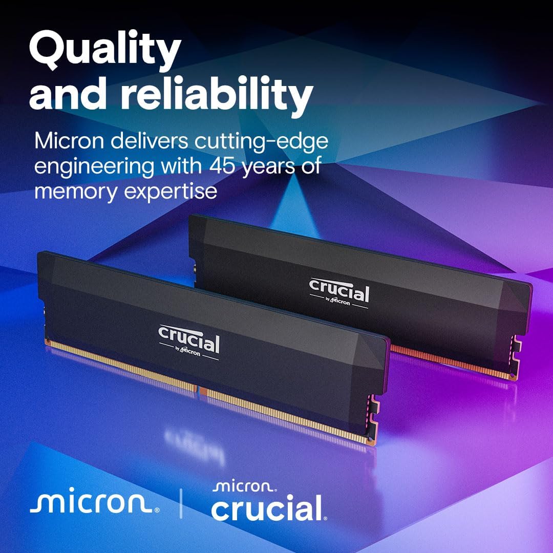 Crucial Pro DDR5 RAM 64GB Kit (2x32GB) 6400MHz CL40, Overclocking Desktop Gaming Memory, Intel XMP 3.0 & AMD Expo Compatible – Black CP2K32G64C40U5B
