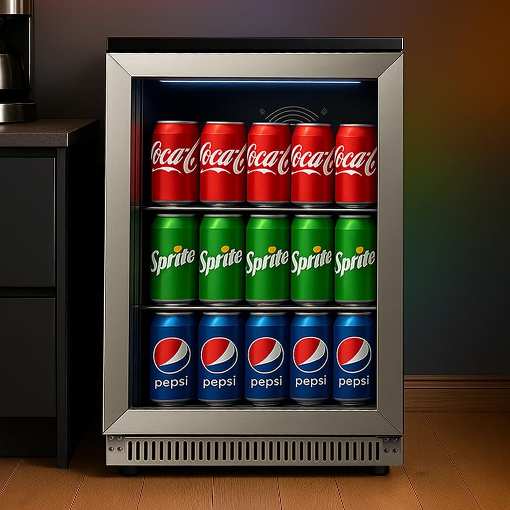 20.1 Inch Built-in Beverage Refrigerator with 7-Color LED Light, Compact 120 Can Under Counter or Freestanding Stainless Steel Drink Cooler Fridge with Glass Door for Soda & Beer