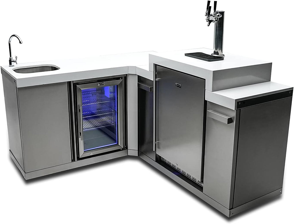 Mont Alpi Bar Series MA-BEV90KEG 90 Degree Stainless Steel Outdoor Rated 3 Beer Tap Kegerator Keg Dispenser + Wine Cooler Beverage Center Refrigerator + Granite Countertops + Faucet & Sink