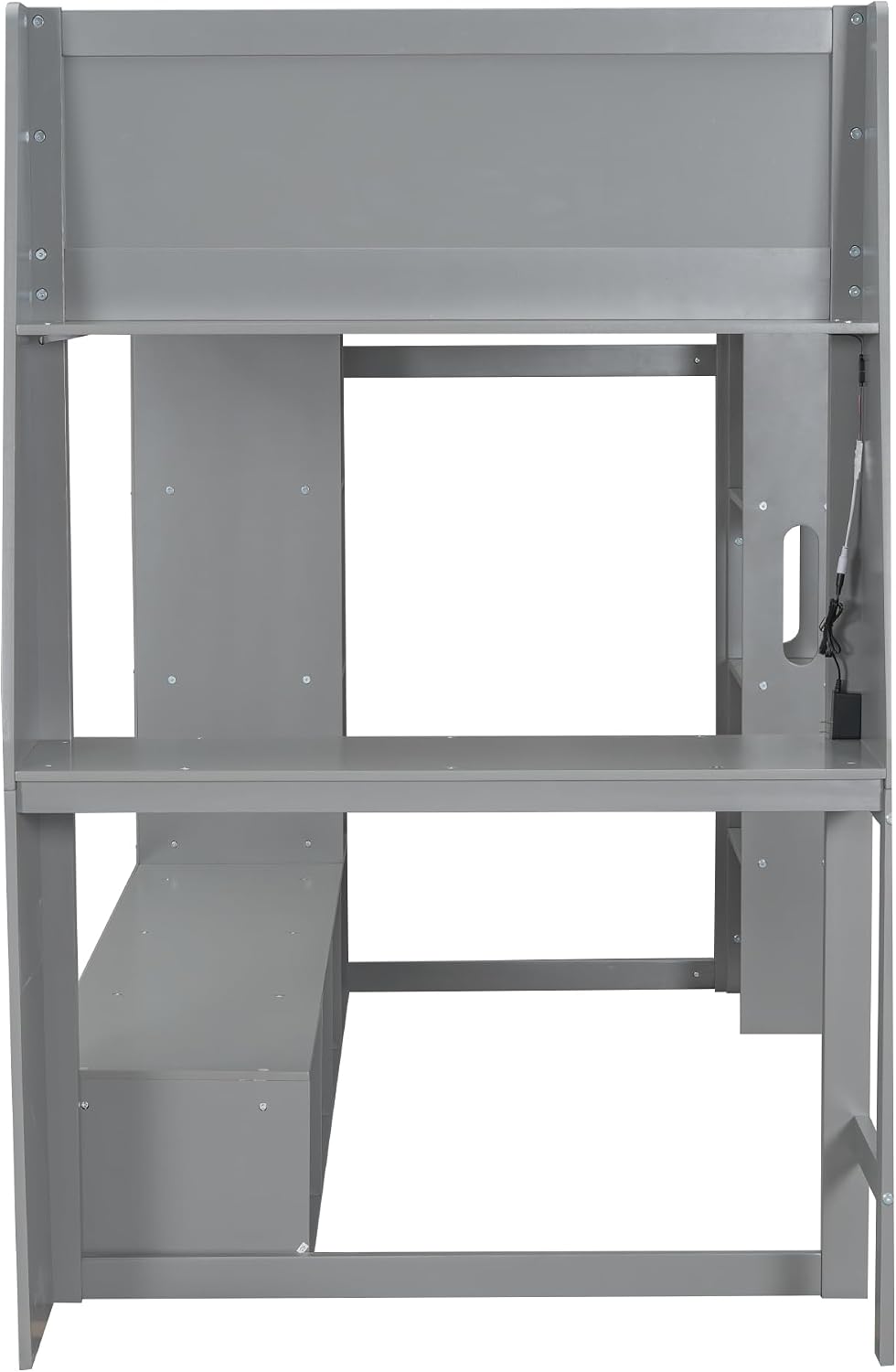 VilroCaz Modern Twin Size Gaming Loft Bed with Desk and Multi-Storage Shelves, Wood Loft Bed Frame with Workstation and a Hanging Clothes Rack, Maximize Space Saving (Twin)