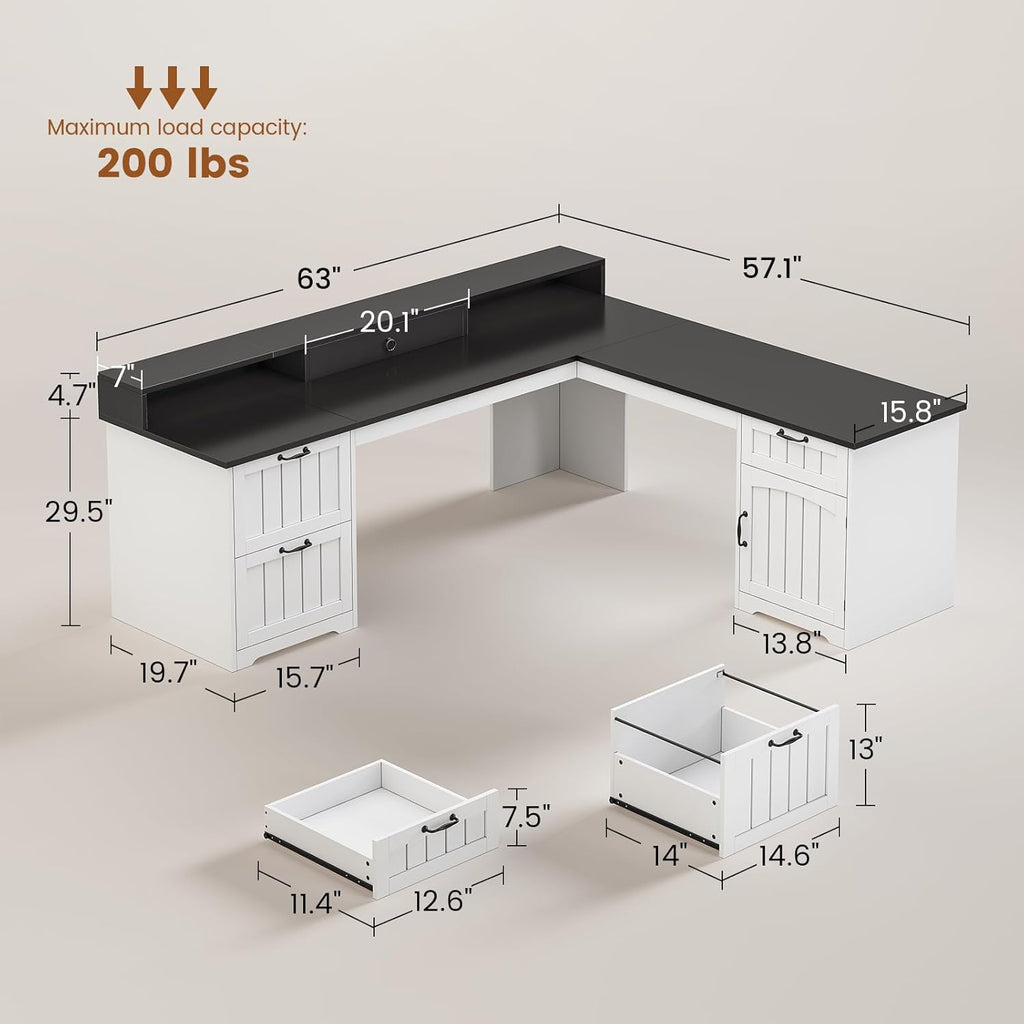 SEDETA 63' L Shaped Desk with Drawers, Farmhouse Office Desk with File Drawers, Wood Corner Computer Desk with Storage, Home Office Desk with Monitor Stand and Storage Cabinet, Black and White