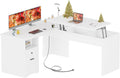 Unikito Lift Top L Shaped Desk with Drawer, Large Office Desk with Power Outlets and USB Charging Ports, Sturdy Corner Computer Desk Writing Table with Storage, L Shape Standing Desk, White