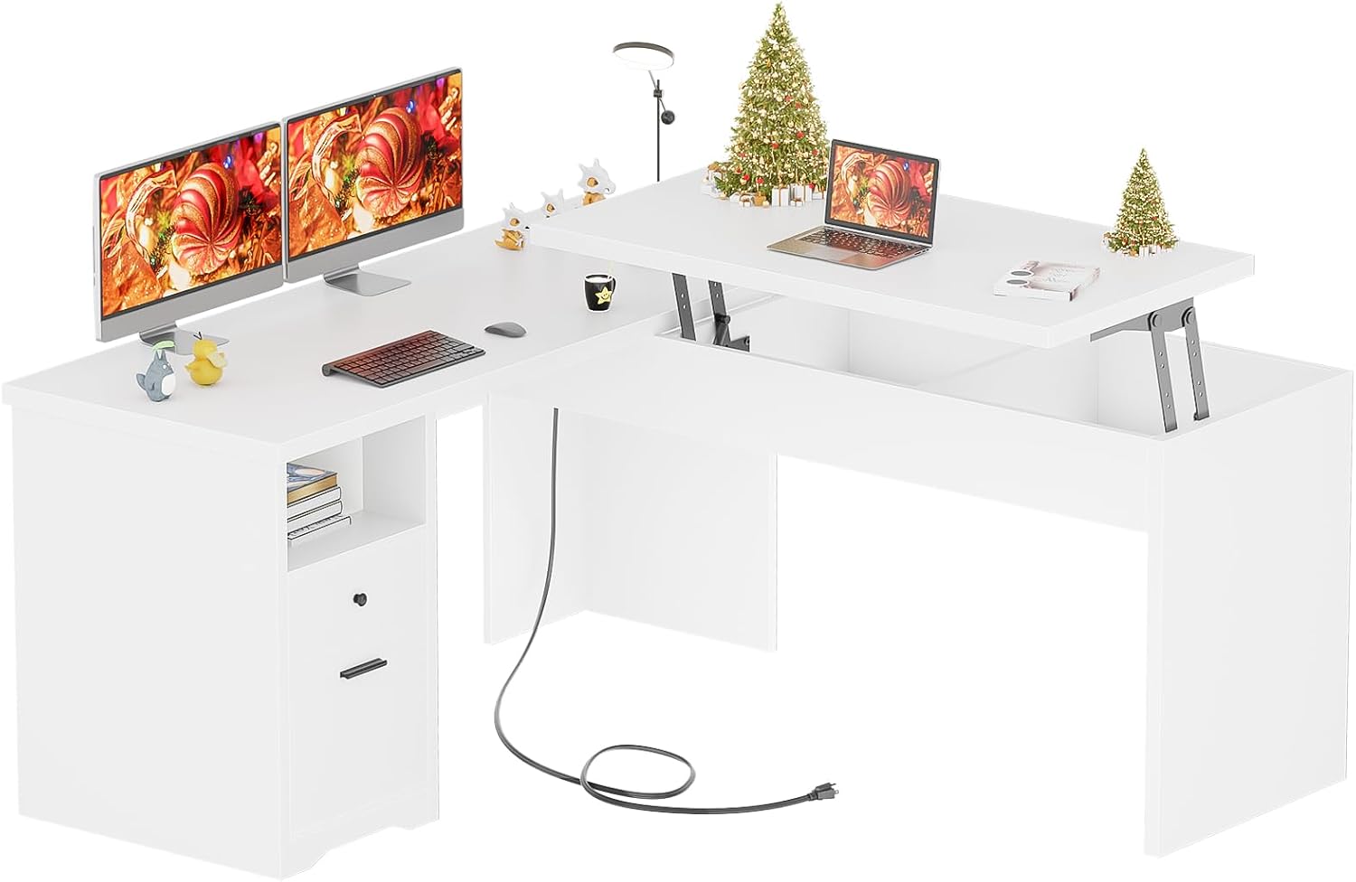 Unikito Lift Top L Shaped Desk with Drawer, Large Office Desk with Power Outlets and USB Charging Ports, Sturdy Corner Computer Desk Writing Table with Storage, L Shape Standing Desk, White