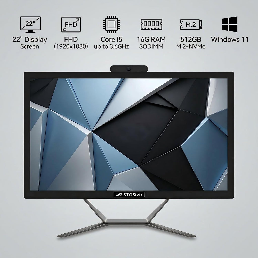 STGSivir All in One Desktop, 22-inch FHD Display, Intel Core i5 up to 3.6GHz, 16G RAM, 512G SSD, WiFi 5, Bluetooth, RGB Keyboard & Mouse, Webcam, Windows 11 Home