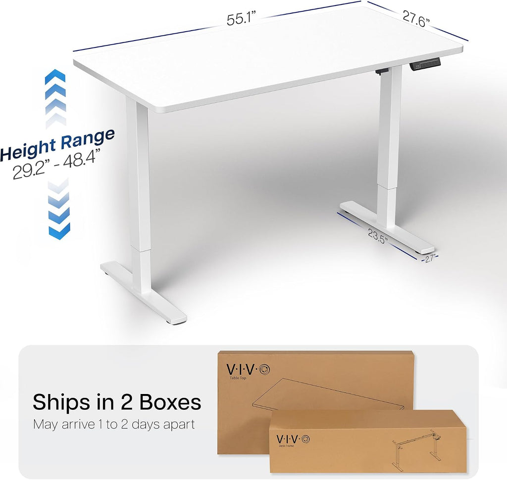 VIVO Electric 55 x 28 in Standing Desk, Memory Height Adjustment, 1B Series, Holds 220 lbs, One-Piece White Top, White Frame, DESK-KIT-1W55W