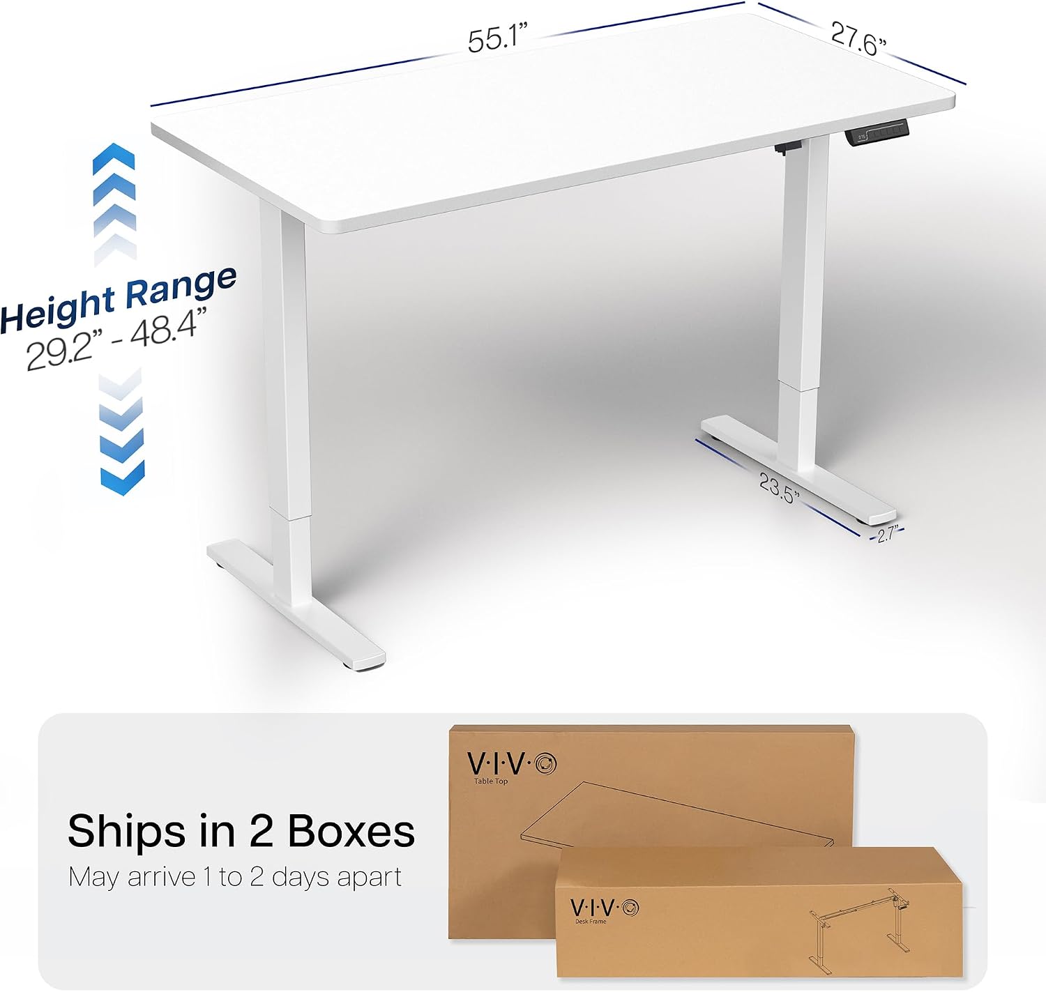 VIVO Electric 55 x 28 in Standing Desk, Memory Height Adjustment, 1B Series, Holds 220 lbs, One-Piece White Top, White Frame, DESK-KIT-1W55W