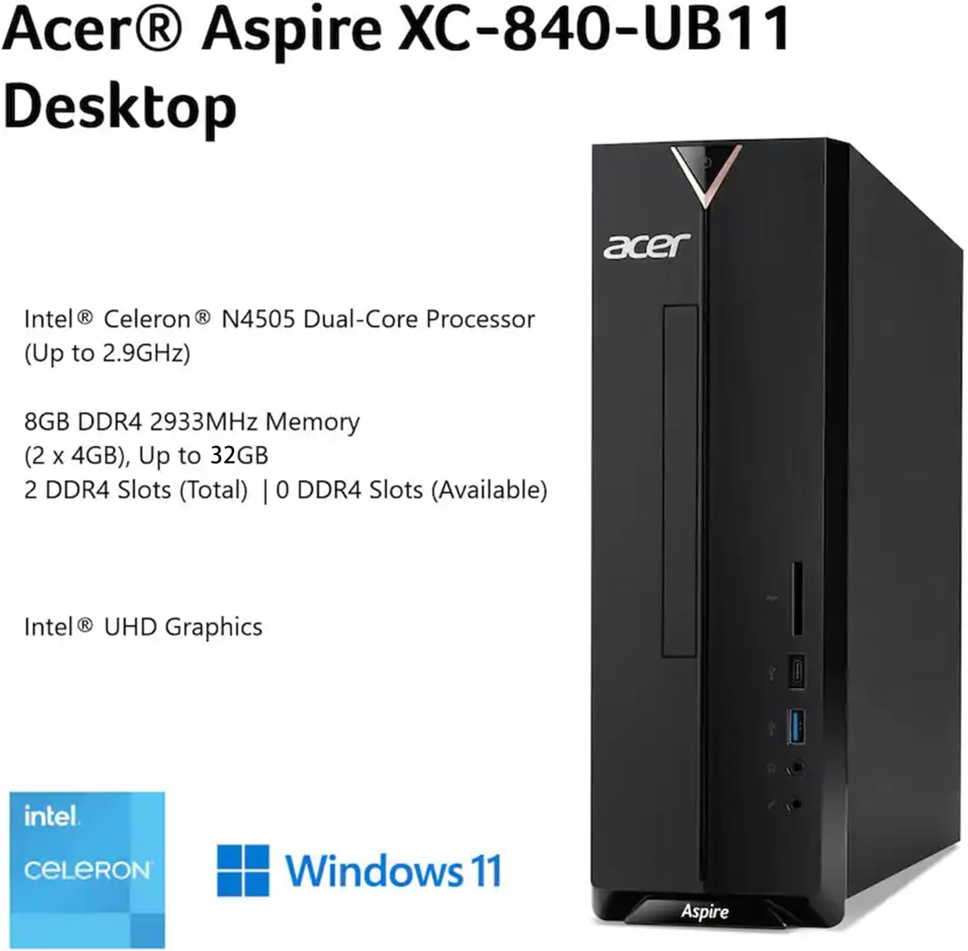 Acer Aspire Desktop Computer • Intel Celeron Processor • 8GB RAM • 256GB SSD • Office 365 for The Web • HDMI + VGA • Wi-Fi 6 • Wired Keyboard & Mouse • Windows 11