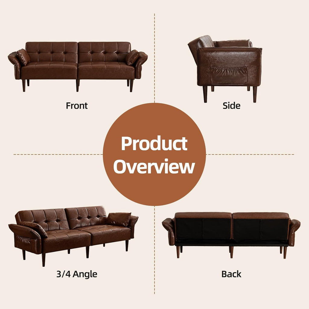 HALLYBEE Futon Sofa Bed, Sleeper Sofa, Small Couch with Storage Adjustable Armrests Pillows, Faux Leather Loveseat, Mid Century Modern Couches for Living Room, Bedroom, Apartment, Red Brown