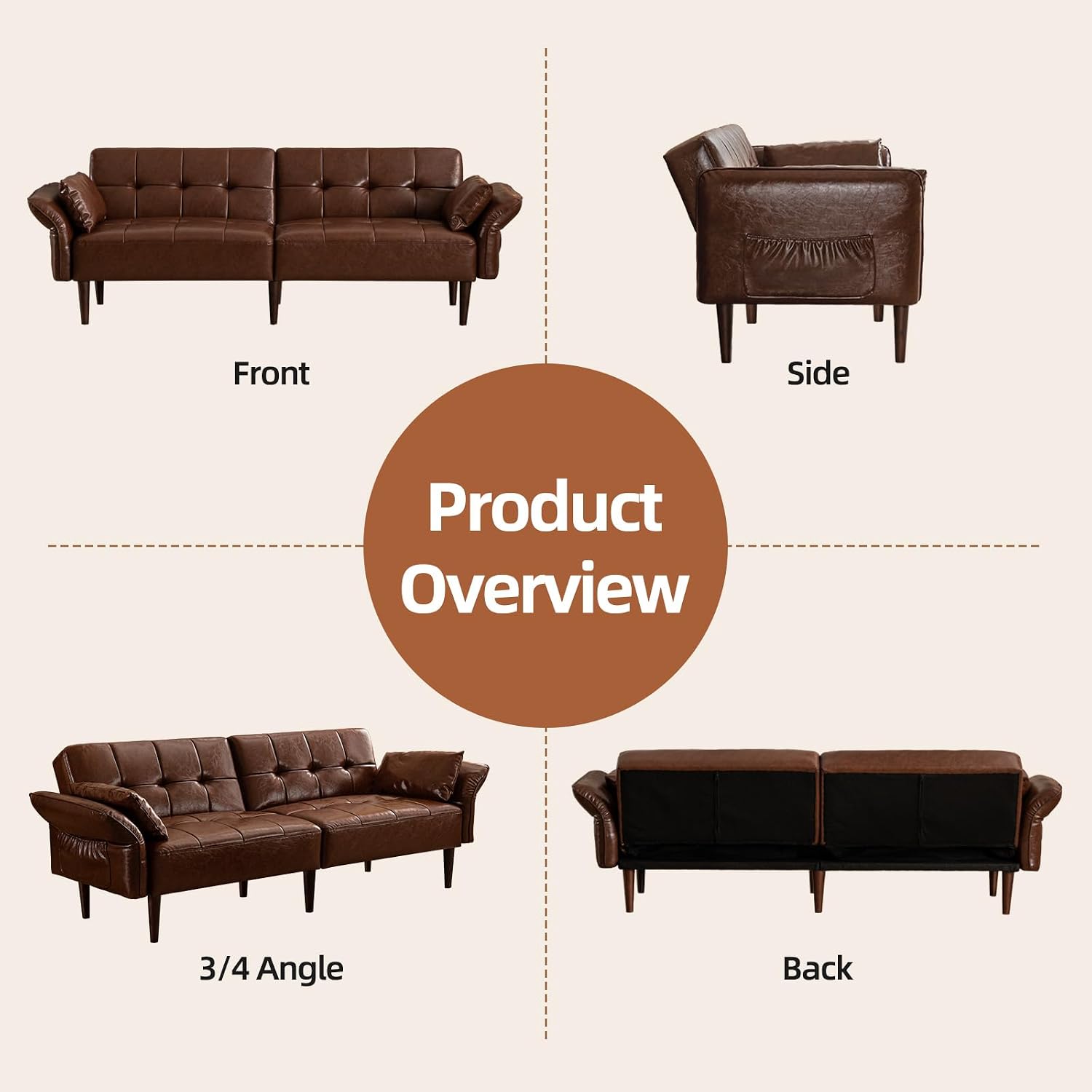 HALLYBEE Futon Sofa Bed, Sleeper Sofa, Small Couch with Storage Adjustable Armrests Pillows, Faux Leather Loveseat, Mid Century Modern Couches for Living Room, Bedroom, Apartment, Red Brown