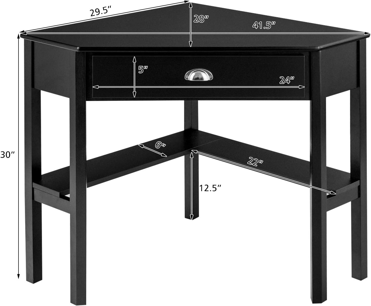 Corner Computer Desk, Space-Saving Corner Table with Drawer & Shelves, Home Office 90° Triangle Corner Workstation, Modern Makeup Vanity Table, Small Corner Desk for Small Spaces (Black)
