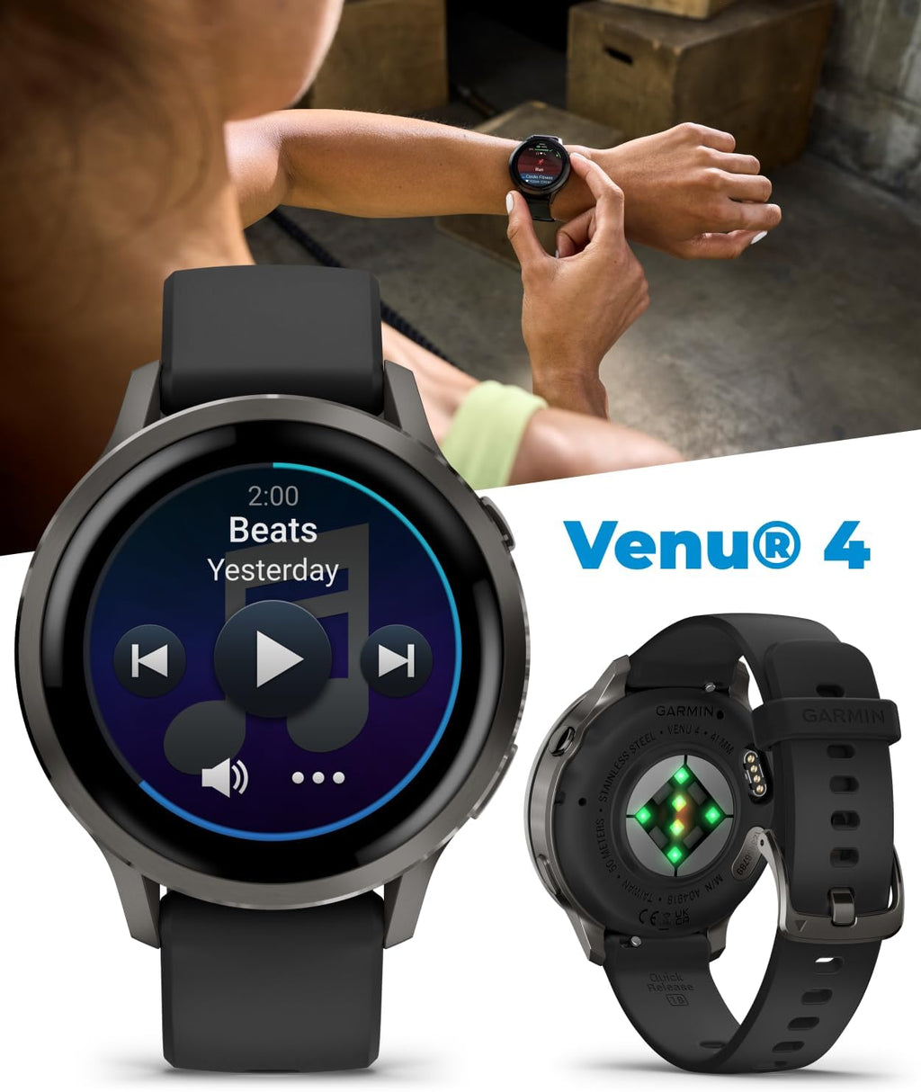 Garmin Venu 4 41mm AMOLED Advanced Health & Fitness GPS Smartwatch, Bright & Colorful Display, Built-in Flashlight, Up to 10 Days, Slate with Black Silicone Band w/Wearable4U Black Earbuds Bundle