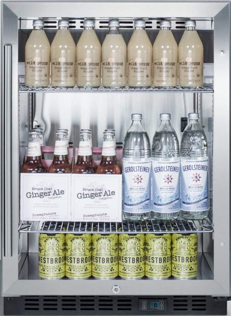 Summit 24' Undercounter Beverage Refrigerator with Reversible Glass Door | Commercial Display Fridge for Wine Beer Soda | 5.0 Cu Ft, (3) Shelves, 23.63'W x 23.5'D x 34'H, Stainless Steel, Black, NSF