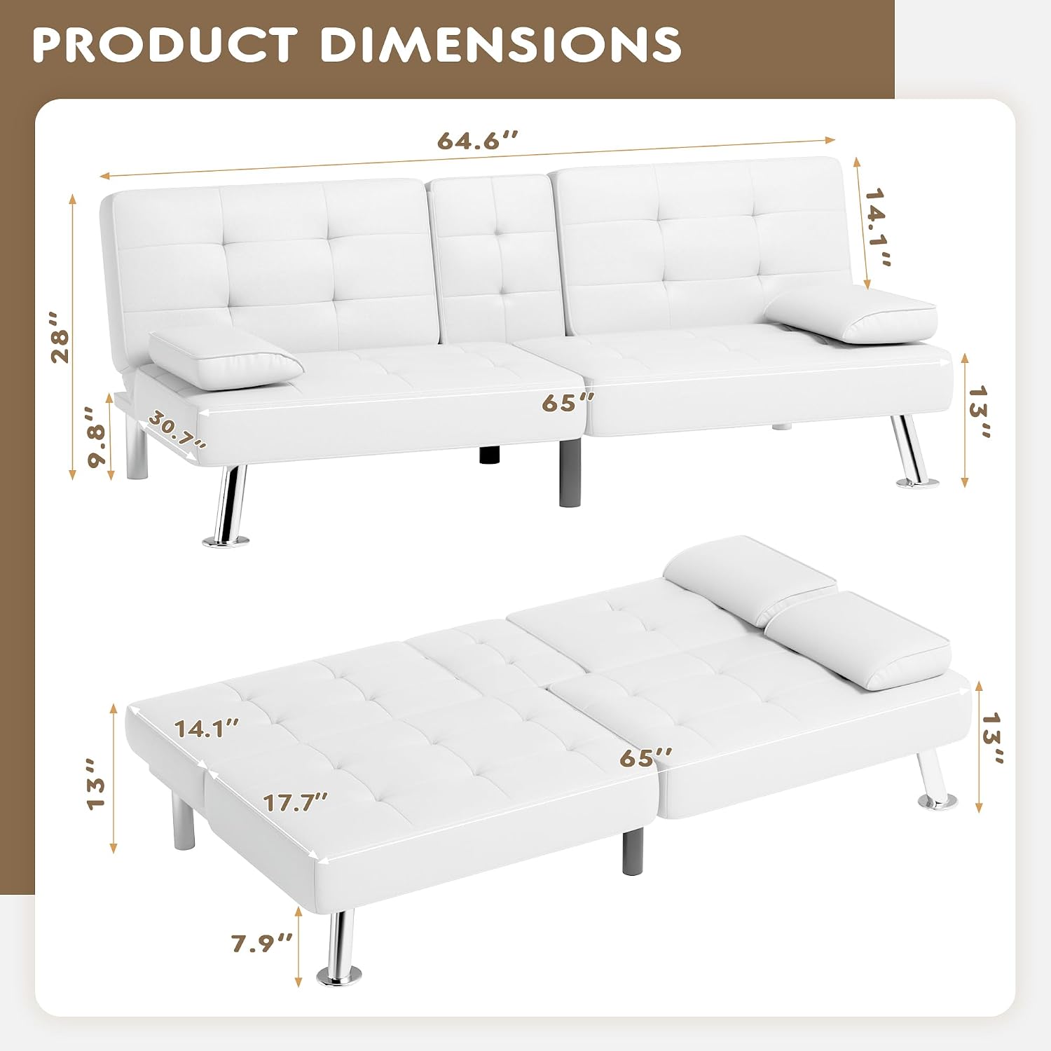 Homall Futon Sofa Bed, Leather Futon Couch with Removable Armrests, Adjustable Recliner Sleeper Sofa Bed with Dual Cup Holders for Living Room, Apartment, Office (White)