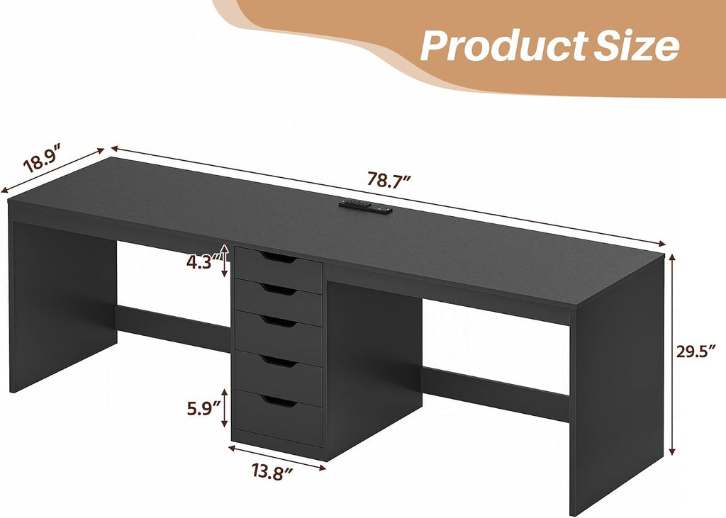 YOMILUVE 2 Person Desk with 5 Drawers and Power Outlets, 78.7 Inch Long Computer Desk with Storage File Cabinet, Two Person Home Office Double Desk with Storage, Black