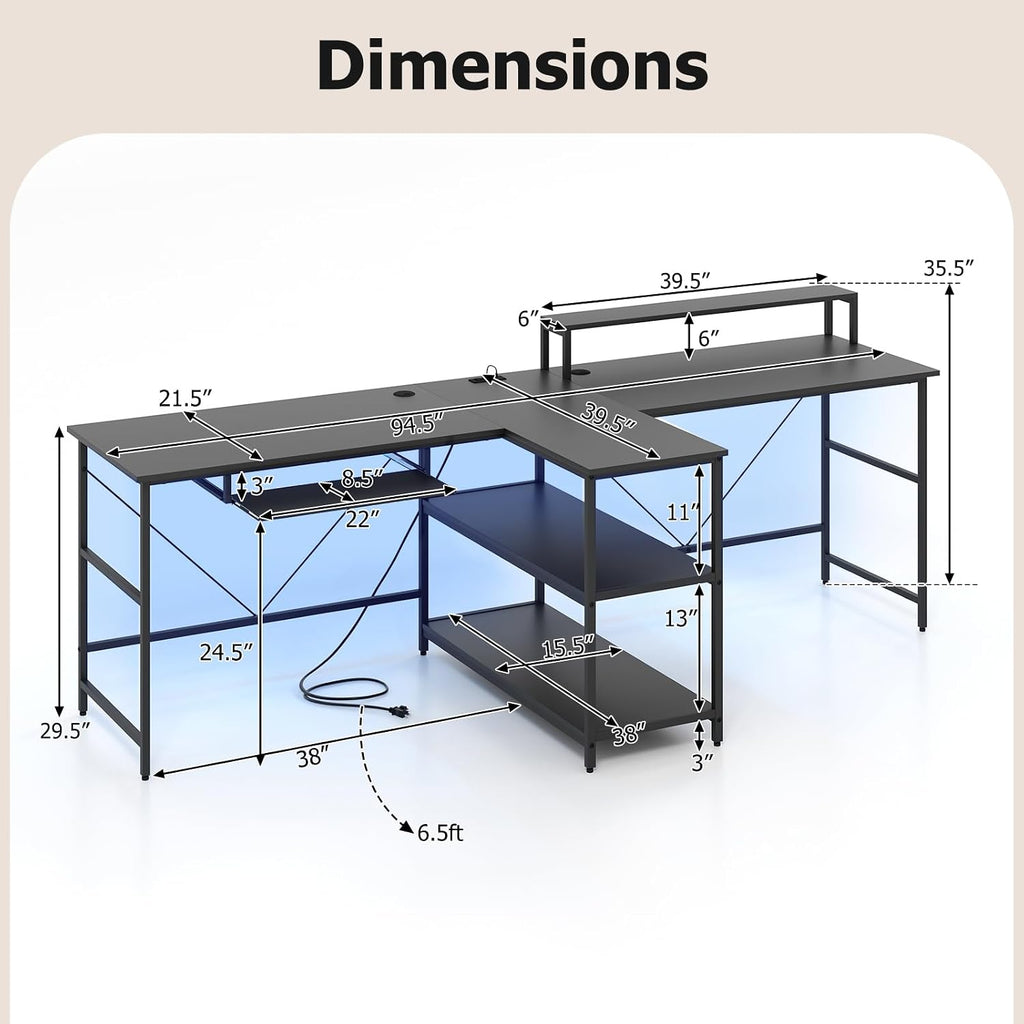 Giantex 94.5' 2 Person Desk with LED Lights, Long PC Study Desk with Storage Shelves, Power Outlets, Keyboard Tray & Monitor Stand, Double Computer Desk Workstation for Home Office (Black)