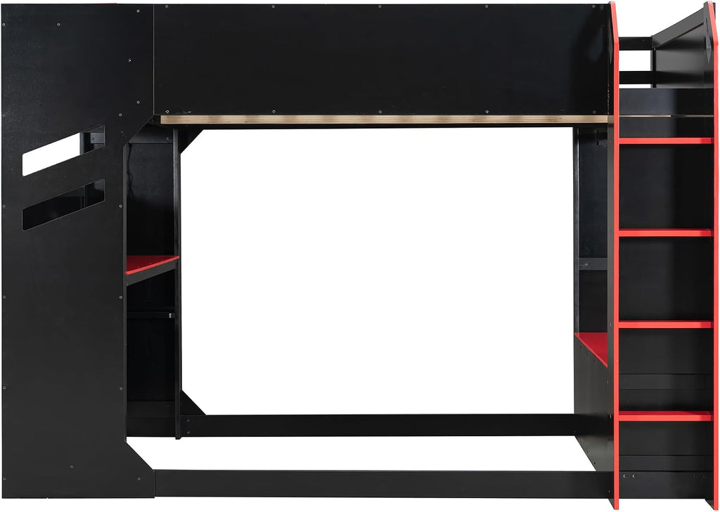 Merax Wood Loft Bed with Height-Adjustable Desk,Drawers,Storage Compartments,Hanging Rod and RGB Lights, Full Size, Red