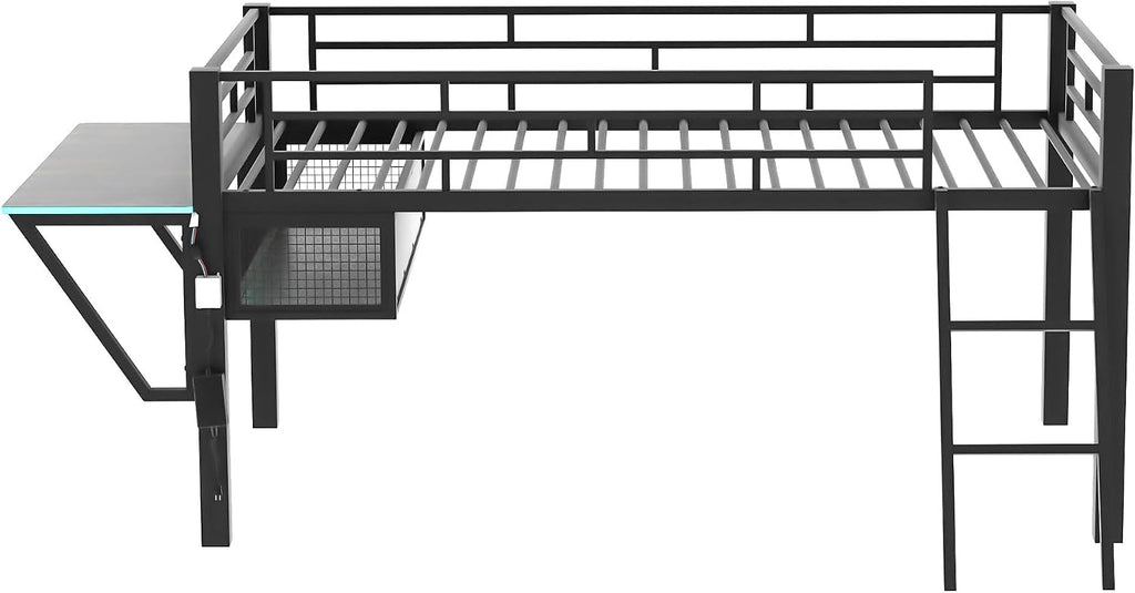 Bellemave Twin Loft Bed with Desk, Gaming mid loft Bed with Desk, LED, Storage Space, Black