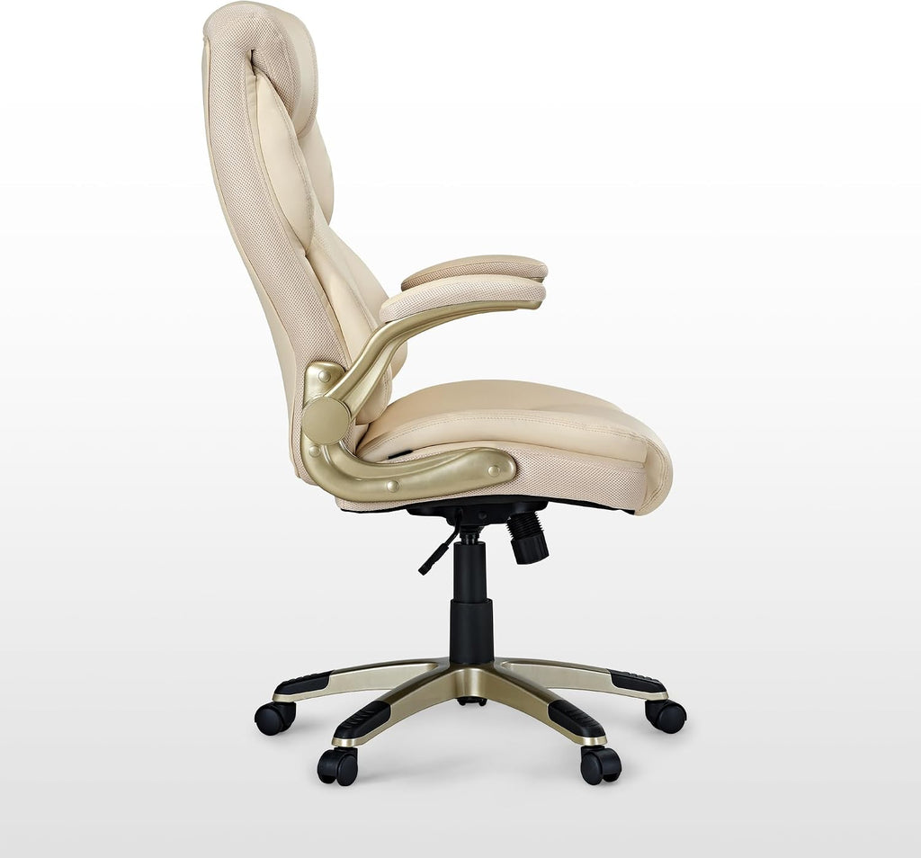 EUREKA ERGONOMIC Galene Executive Office Chair Flip Up Arm Rest, Ergonomic Desk Chair Faux Leather Computer Chair, High Back Office Chair with Headrest, Home Office Desk Chairs with Wheels, Beige