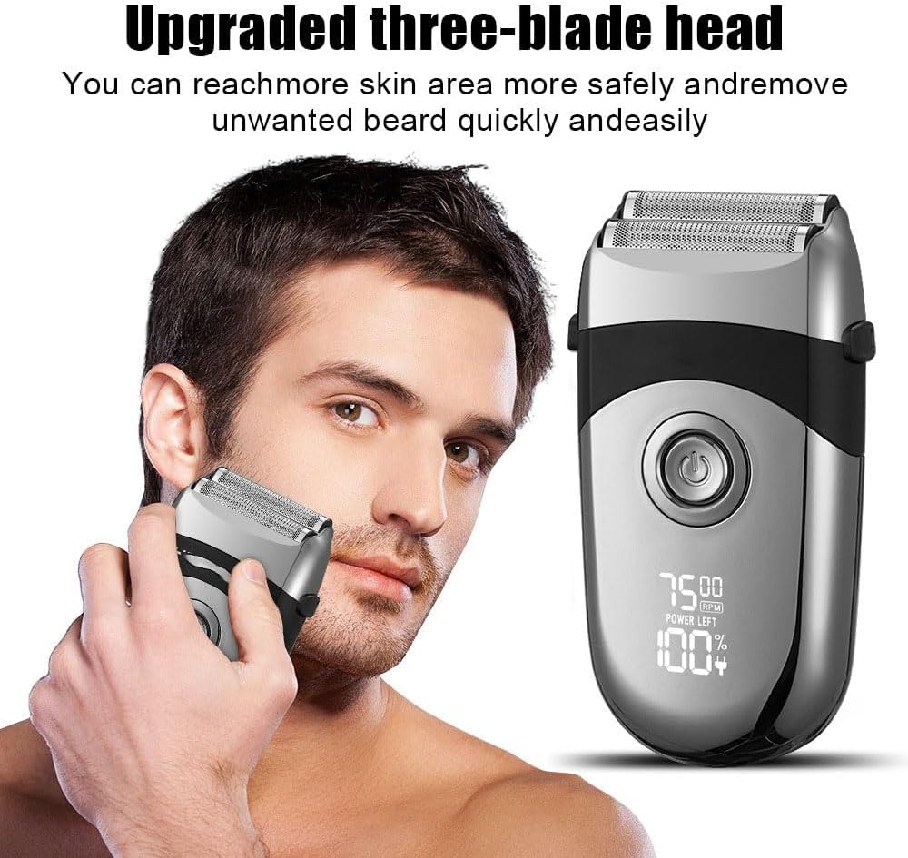 Electric Foil Shaver for Men: Portable Razor for Beard/Face - 3 Floating Blade LED Display Fast Rechargeable IPX7 Waterproof for Travel & Home Carbon