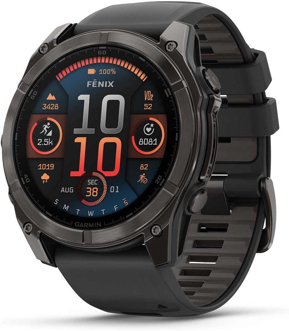 PlayBetter Garmin Fenix 8 AMOLED Sapphire (51mm, Carbon Gray DLC Titanium) Multisport GPS Smartwatch Bundle - 1.4' Touchscreen, Built-in LED Flashlight Wireless Running Earbuds