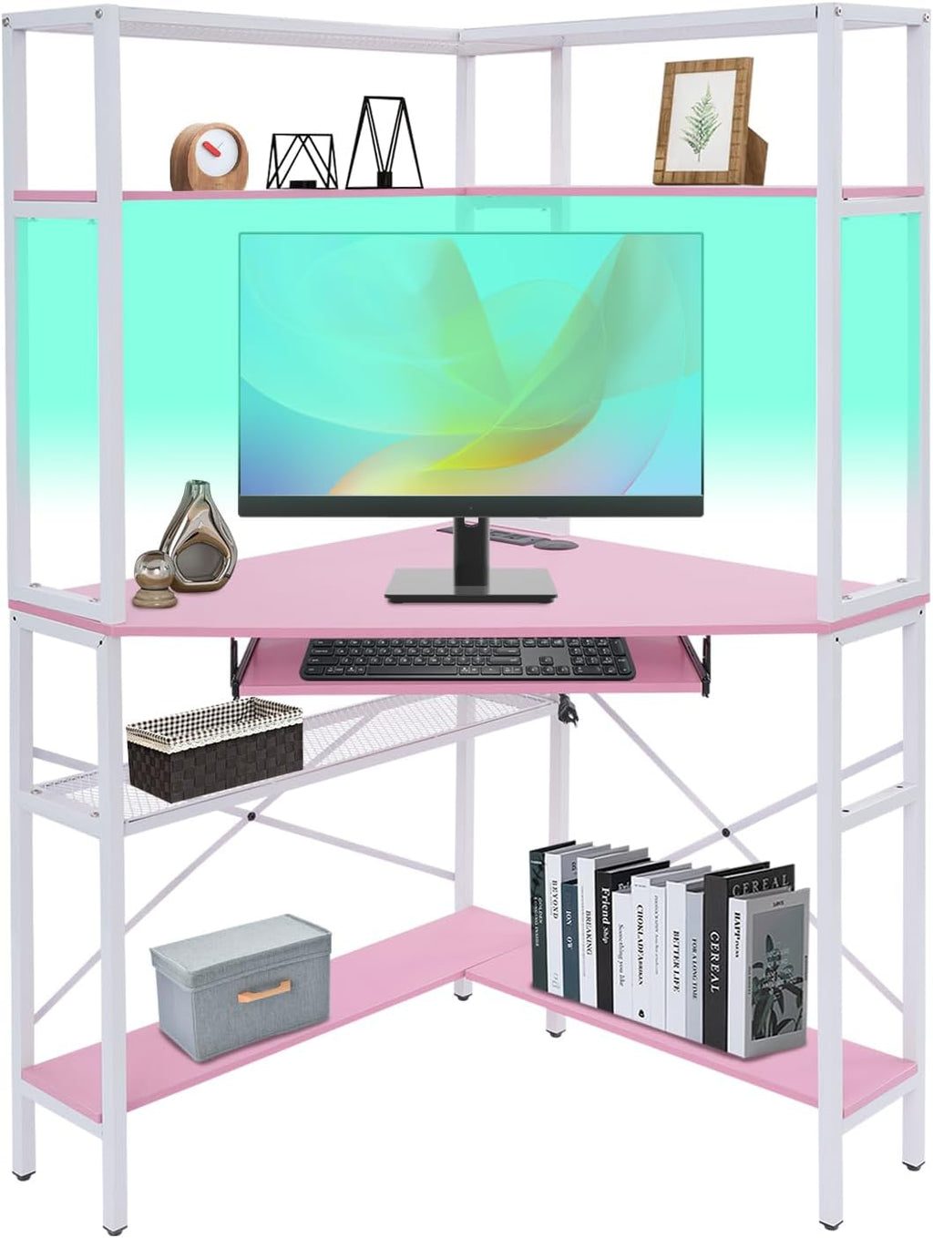 Corner Small Desk for Small Space, 29.5'*29.5'*60' Corner Computer Desk with USB Ports Triangle Gaming Desk with with RGB LED Lighting for Home Office, Living Room, Bedroom (Pink)