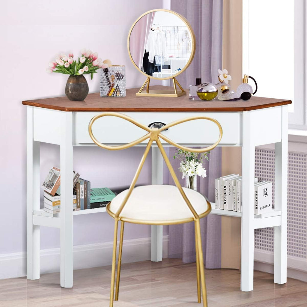 Corner Computer Desk, Space-Saving Corner Table with Drawer & Shelves, Home Office 90° Triangle Corner Workstation, Modern Makeup Vanity Table, Corner Desk for Small Spaces (Natural & White)