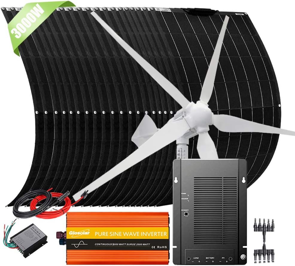 3000W 48V Solar Wind Hybrid System with 3000W Power Inverter: 20pcs 100W Flexible Solar Panel (Honeycomb Surface) + 1000W Wind Turbine Generator + 40A MPPT Charge Controller + Cables