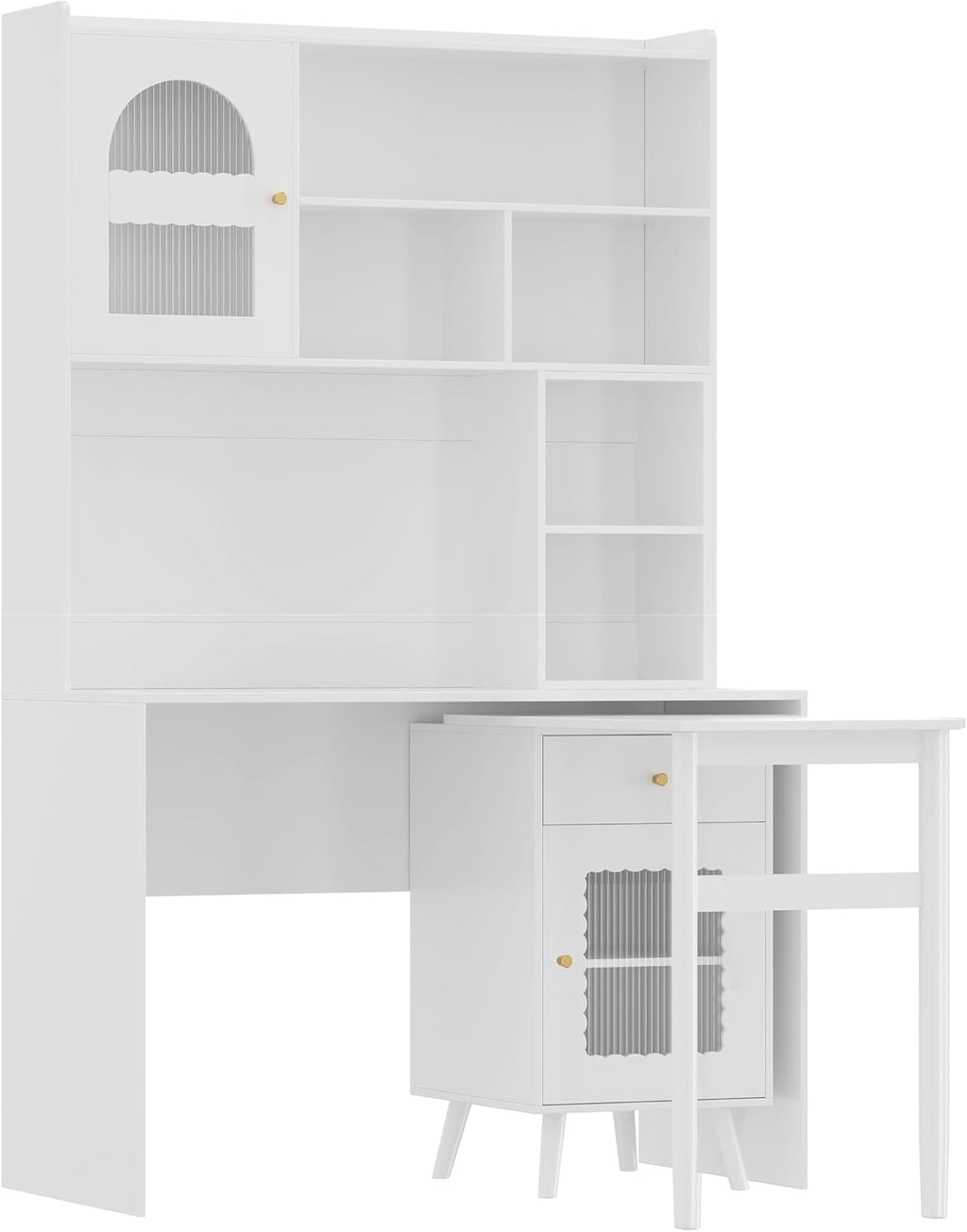 Bellemave Computer Desk with 90 Degree Rotating Desktop, 43x70 Inch Home Office Desk with Drawer and Storage Cabinets, Gaming Desk with Shelves, Writing Desk for Study (White)