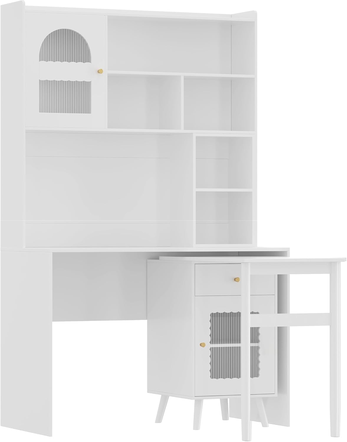 Bellemave Computer Desk with 90 Degree Rotating Desktop, 43x70 Inch Home Office Desk with Drawer and Storage Cabinets, Gaming Desk with Shelves, Writing Desk for Study (White)