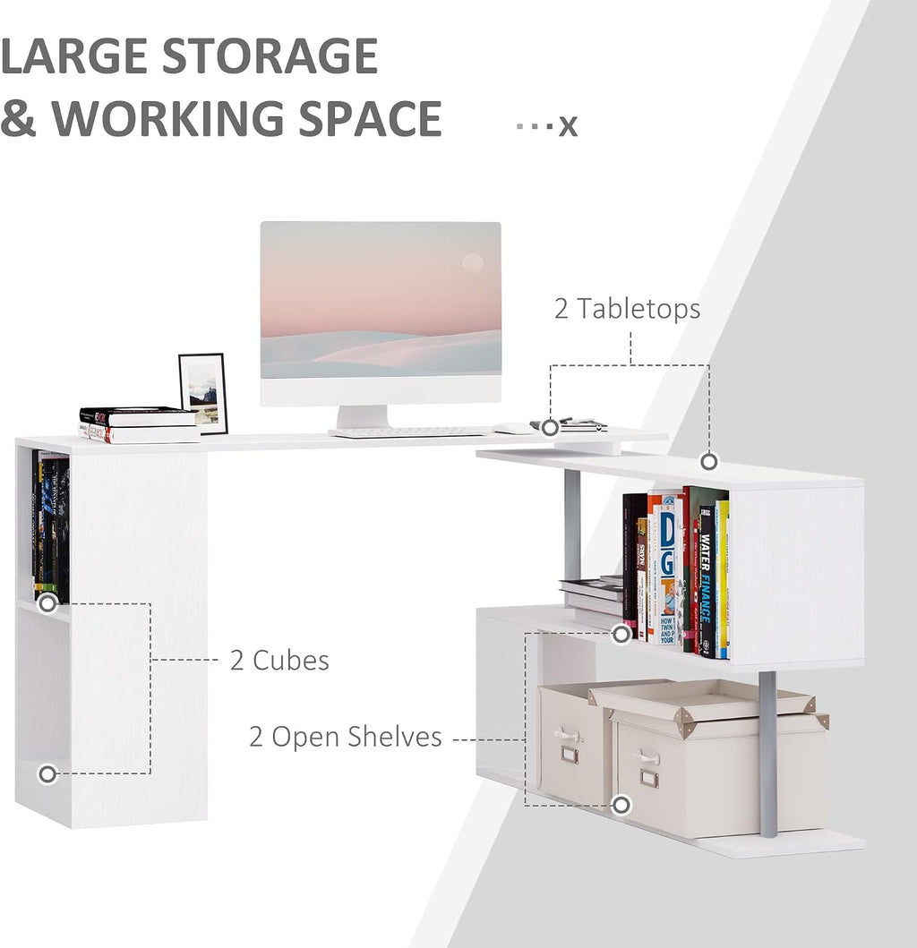 HOMCOM 55' 360° Rotating Corner Computer Desk Modern L-Shaped Home Office Workstation with 3-Tier Storage Shelves, Bookshelf, White