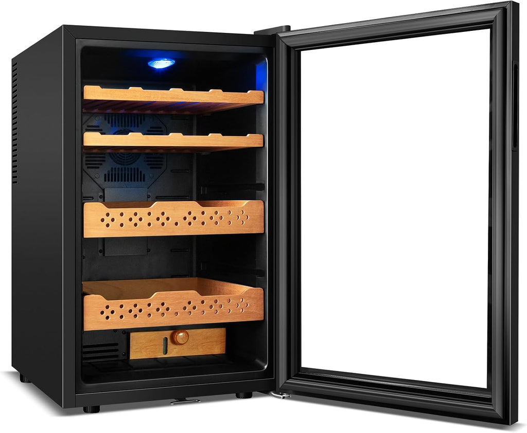 Tylza Electric Cigar Humidor Cabinet 70L, Electric Humidors for Cigars with Temp & Humidity Control, Digital Hygrometer, Lock, Refrigerator, Cigar Humidors with Cedar Wood Drawer Shelves, 550 Cigars