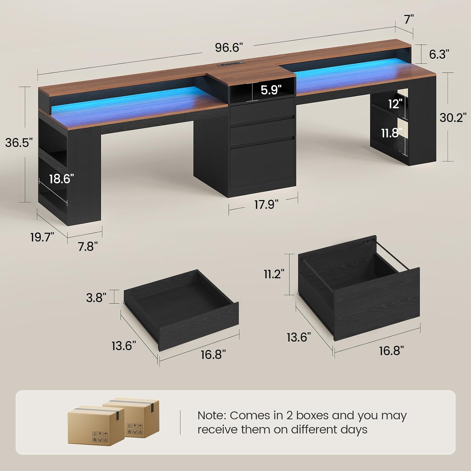 96.6' Long Computer Desk, 2 Person Desk with LED Lights & Power Outlet, Modern Two Person Gaming Desk with File Drawers, Monitor Stand, Printer Shelf ＆ Storage, Double Table for Home Office Black
