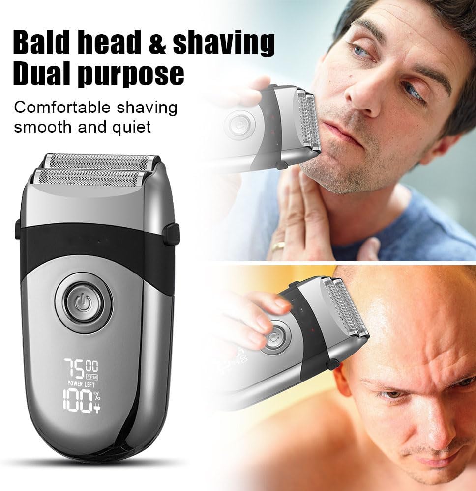 Electric Foil Shaver for Men: Portable Razor for Beard/Face - 3 Floating Blade LED Display Fast Rechargeable IPX7 Waterproof for Travel & Home Carbon
