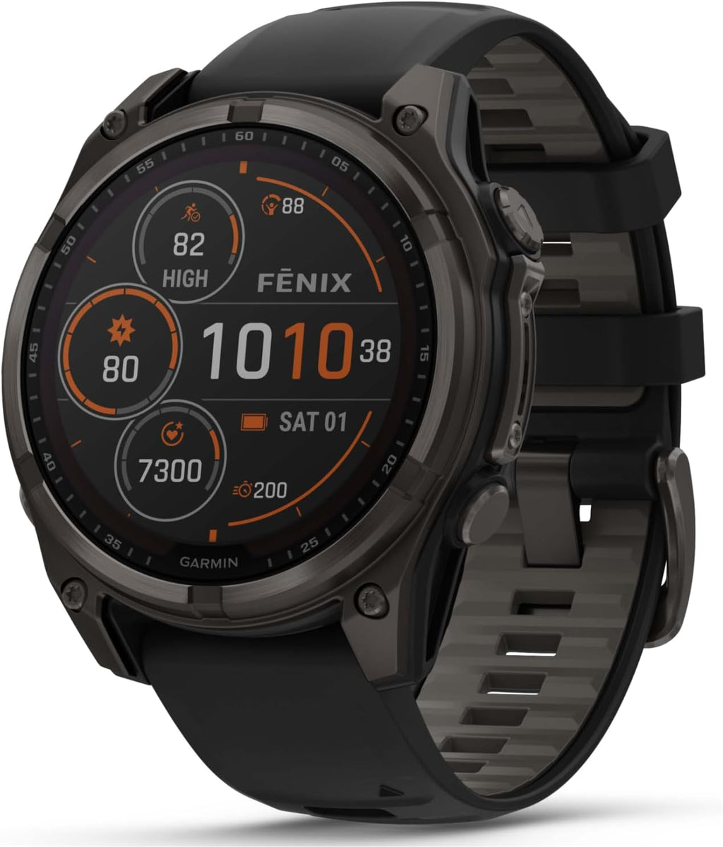 Garmin Fenix 8 47 mm, Multisport GPS Smartwatch, Solar, Sapphire, Carbon Gray DLC Titanium with Black/Pebble Gray Silicone, Built-in LED Flashlight, Voice Control White Earbuds Bundle