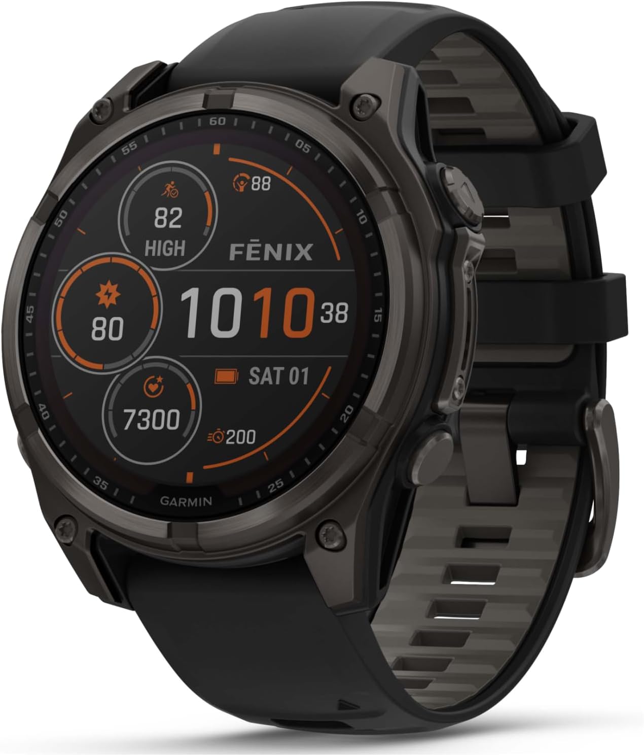 Garmin Fenix 8 47 mm, Multisport GPS Smartwatch, Solar, Sapphire, Carbon Gray DLC Titanium with Black/Pebble Gray Silicone, Built-in LED Flashlight, Voice Control White Earbuds Bundle
