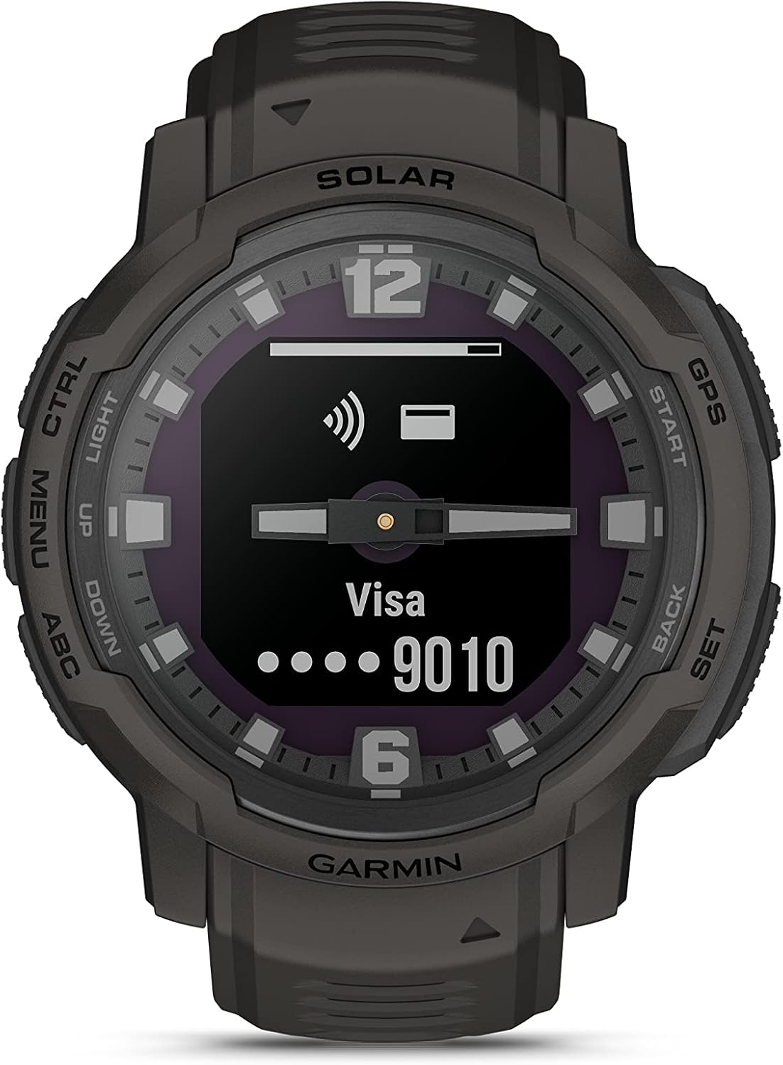 Garmin Instinct Crossover Solar, Rugged Hybrid Multisport GPS Smartwatch, Graphite | Heart Rate Monitor, Analog Hands, Digital Display, Up to 28 Day Battery Life with Signature Series Charging Bundle
