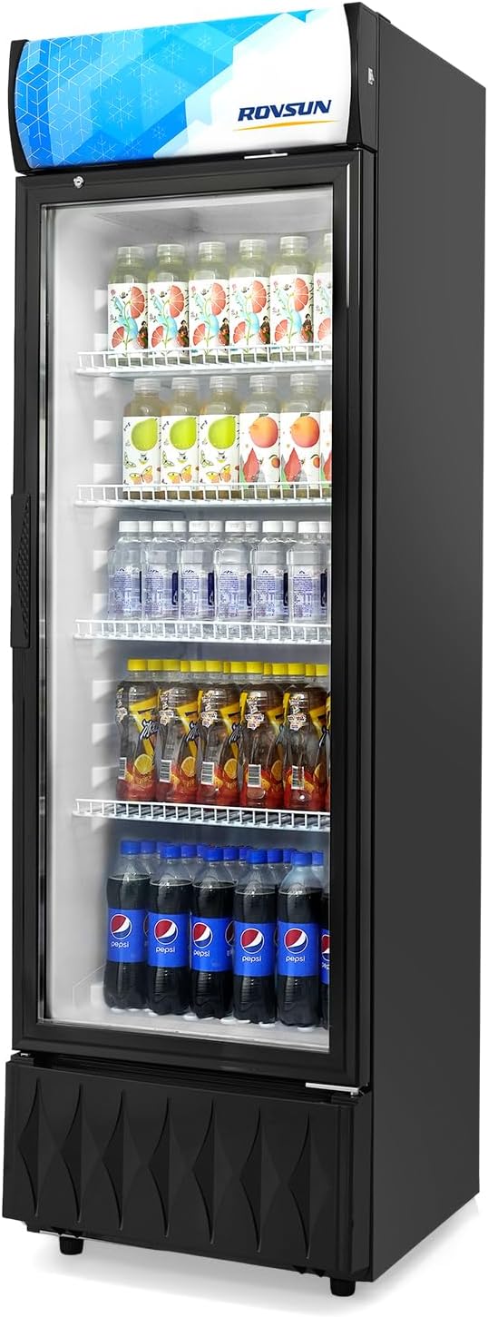 ROVSUN 8.5 Cu.Ft Commercial Beverage Refrigerator ETL NSF, Slim Merchandiser Refrigerator Display Refrigerator Beverage Cooler Glass Door Fridge w/Adjustable Shelves LED Light for Bar Restaurant Cafe
