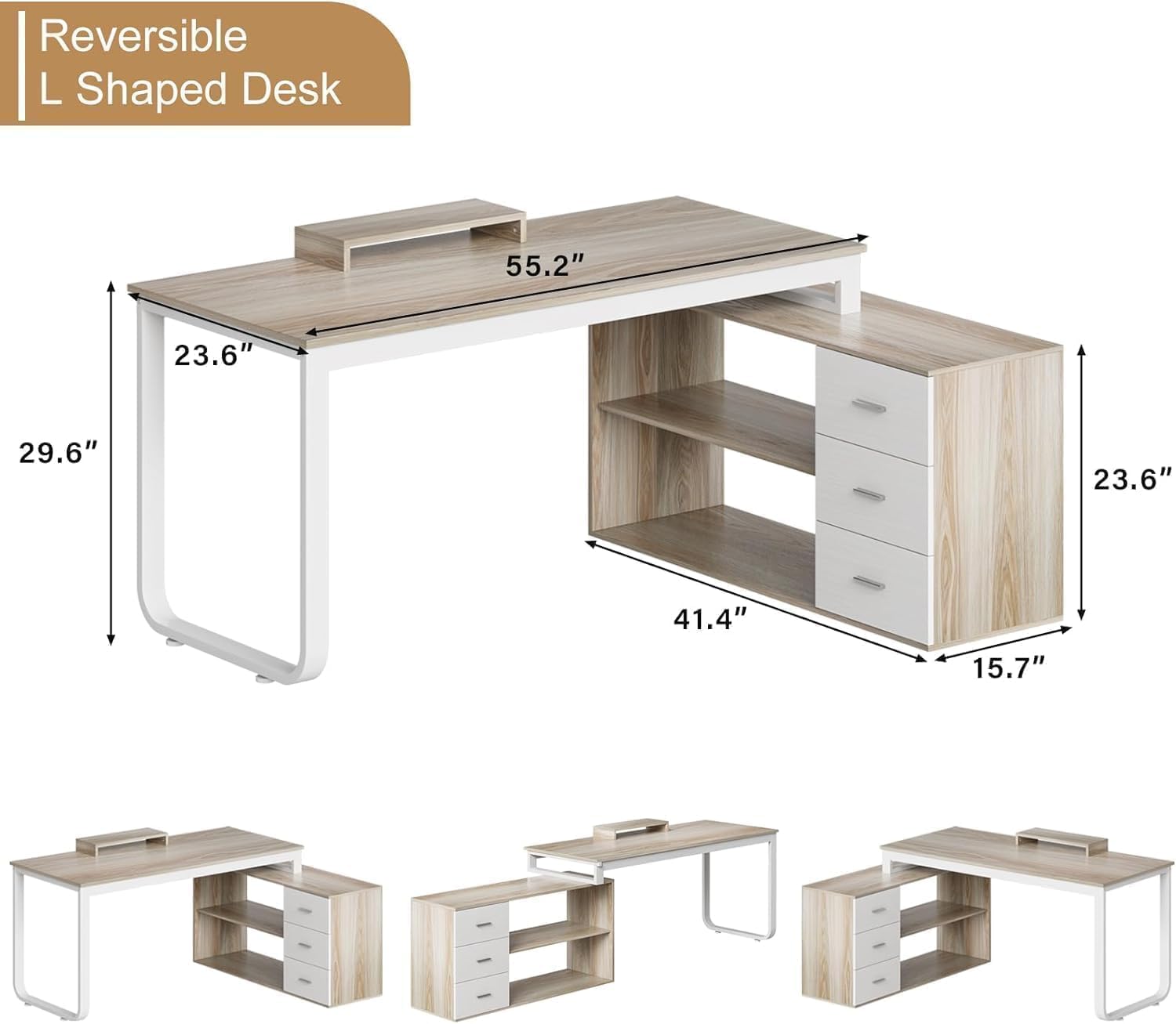 MaverickFurni 55' L Shaped Desk with Drawers and Shelves, Home Office Desk with Monitor Stand for Work Writing Study, Reversible Corner Desk with Storage, White and Walnut