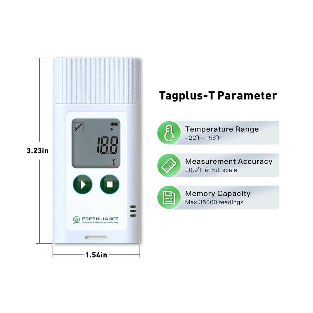 Freshliance USB Temperature Data Logger Recorder, Configurable LCD Digital Refrigerator Thermometer with PDF or CSV Report, Reuseable Temperature Monitor for 35000 Points, Tagplus-T