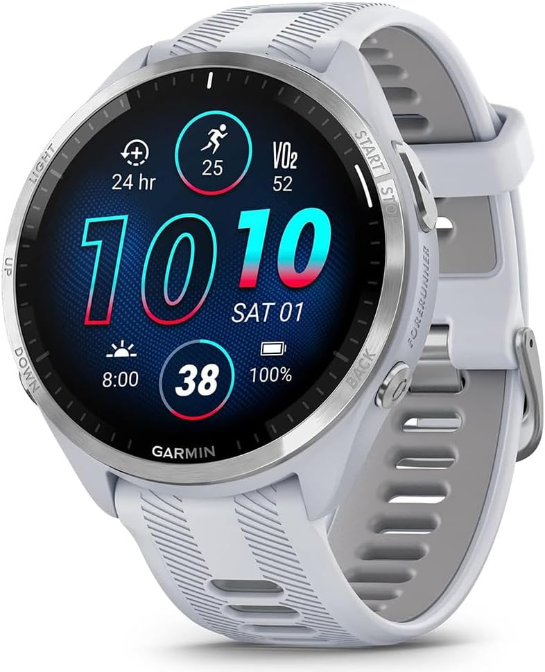 Garmin 010-02809-01 Forerunner 965 Running Smartwatch Whitestone and Powder Gray Bundle with Deco Essentials Charging Dock, Silicone Dust Cover 3 Pack and 1.4 Inch Screen Protector
