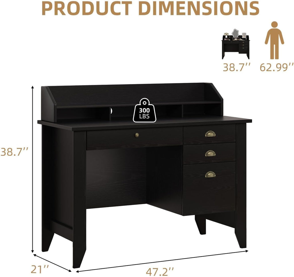 4 EVER WINNER Black Desk with Drawers, Small Desk with File Drawer and Monitor Stand, Computer Desk with Storage, Writing Desk for Bedroom Home Office, Black