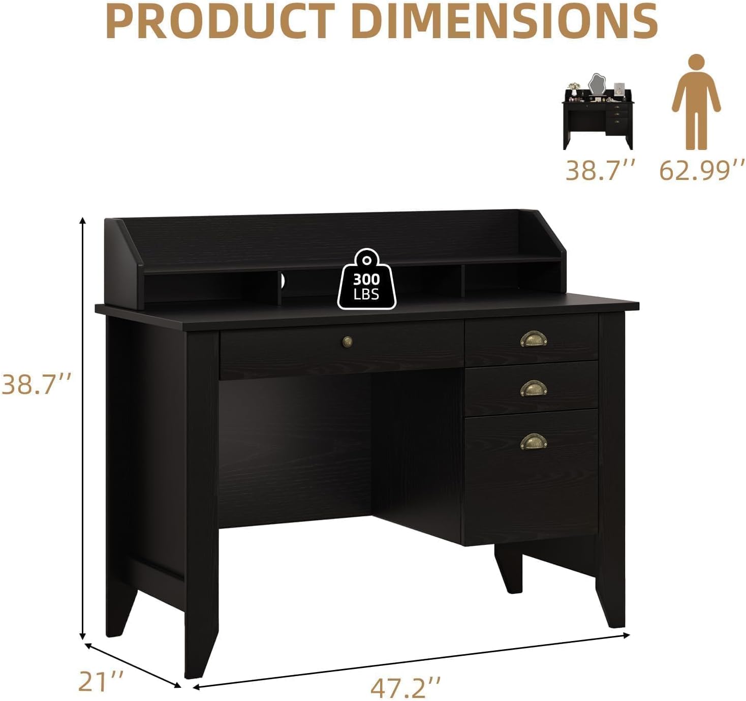 4 EVER WINNER Black Desk with Drawers, Small Desk with File Drawer and Monitor Stand, Computer Desk with Storage, Writing Desk for Bedroom Home Office, Black