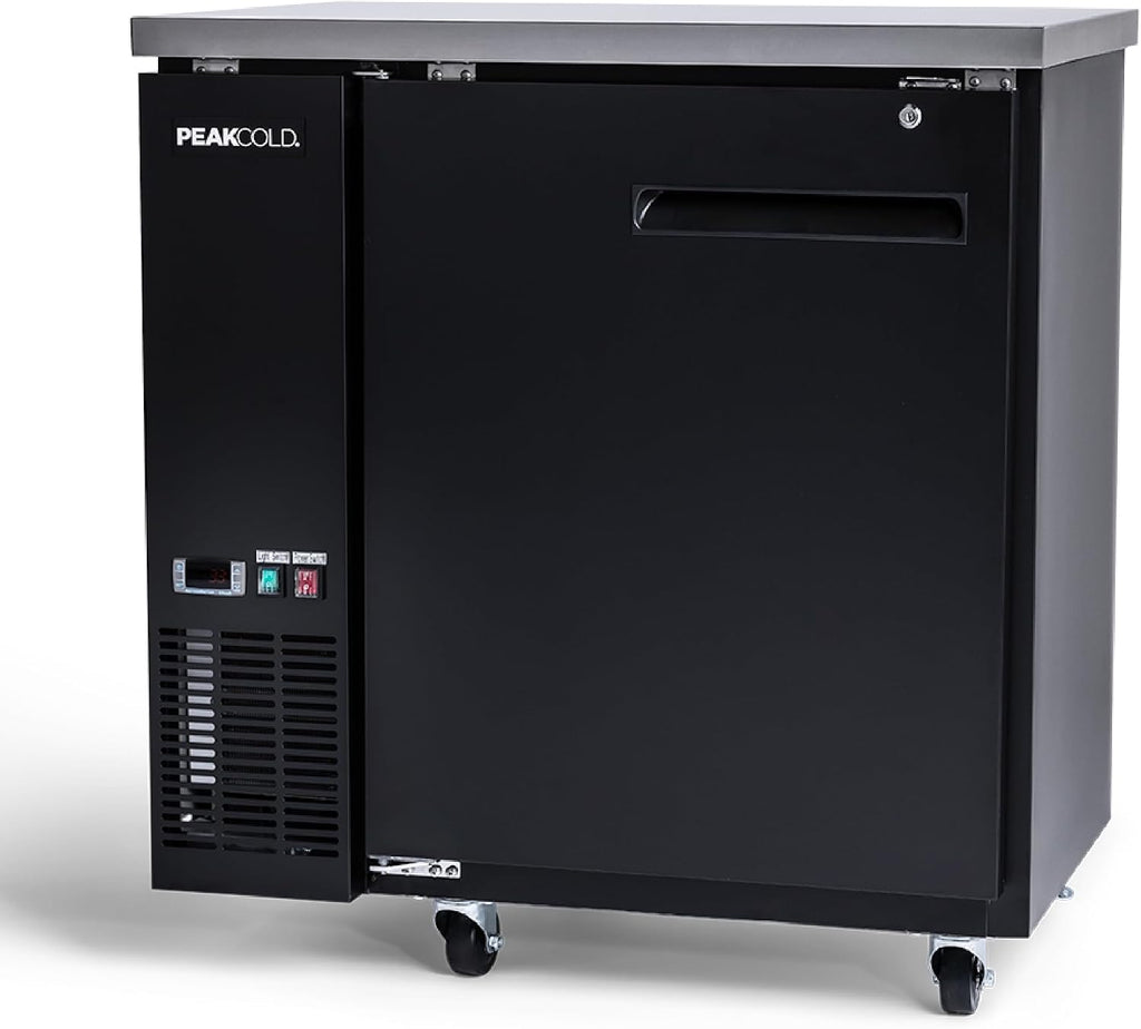 PEAKCOLD 1-Door Counter Height Beverage Refrigerator - 36' Wide Energy Efficient Solid Black Beer Cooler & Bar Fridge With White LED Lighting - Commercial Back Bar Cooler