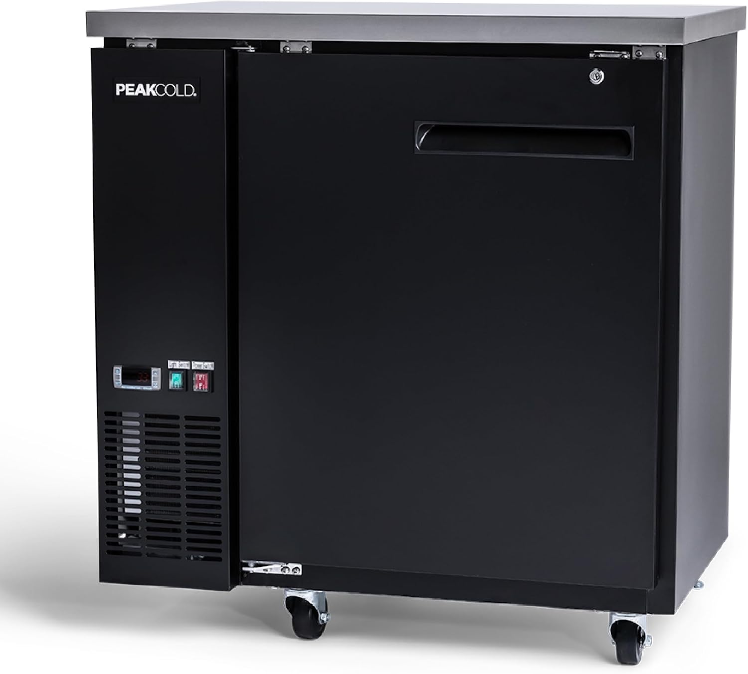 PEAKCOLD 1-Door Counter Height Beverage Refrigerator - 36' Wide Energy Efficient Solid Black Beer Cooler & Bar Fridge With White LED Lighting - Commercial Back Bar Cooler
